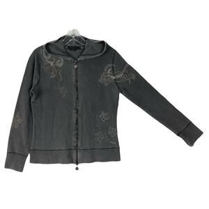 NWOT VINTAGE VERTIGO Hoodie M Grey Studded Floral Embroidery Logo-Metal-HeartZip
